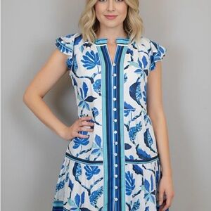 La Plage Captiva Jungle Blue and White Dress NWT